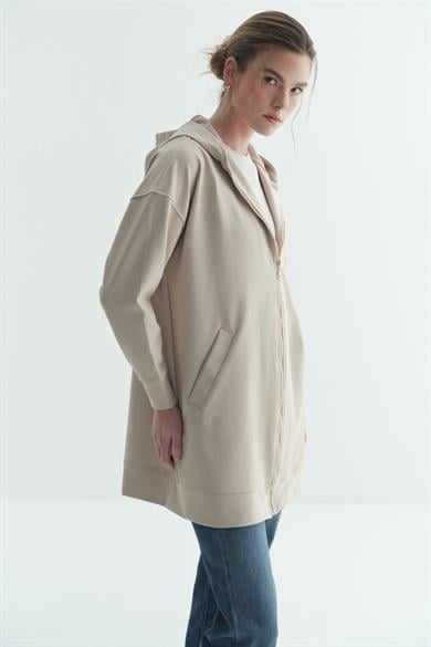 Kapüşonlu Fermuarlı Sweatshirt Taş