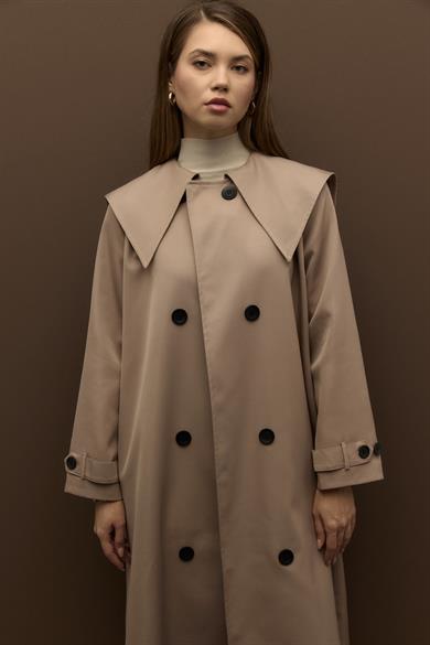 Elora Yaka Detaylı Pamuklu Gabardin Kruvaze Trençkot Vizon