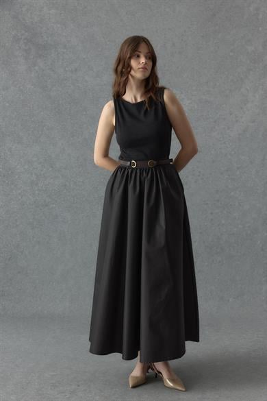 Büzgülü Gabardin Etek Siyah