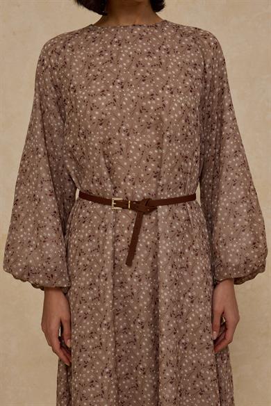 Kemerli Şifon Elbise Bej