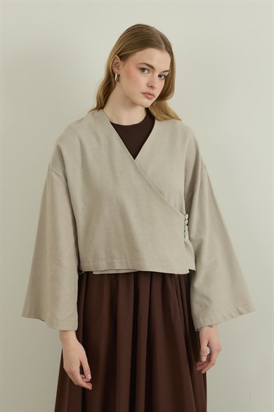 Keten Sedef Düğmeli Kimono