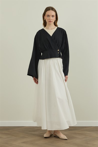 Düğme Detaylı Modal Kimono Bluz Siyah