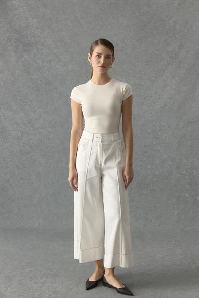 Dikişli Duble Paça Pantolon Beyaz