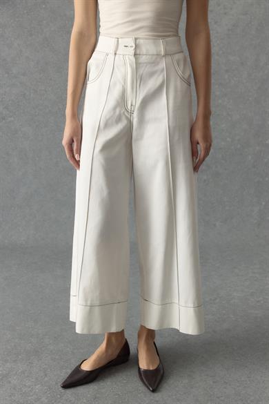 Dikişli Duble Paça Pantolon Beyaz