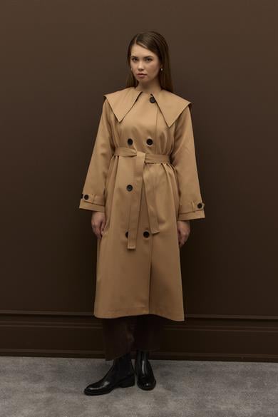 Elora Yaka Detaylı Pamuklu Gabardin Kruvaze Trençkot Camel