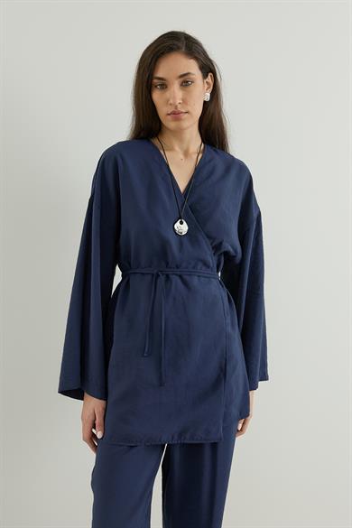 Anvelop Kapamalı Pantolonlu Kimono Takım Lacivert