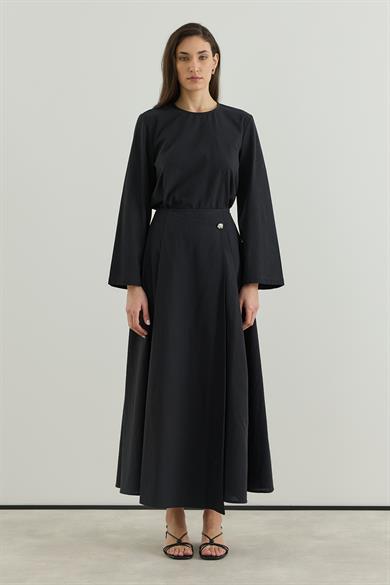 Asimetrik Kapamalı Pileli Etek bluz Keten Takım Siyah