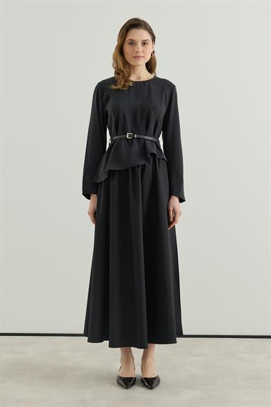 Asimetrik Bluzlu Kemerli Etek Takım Siyah 