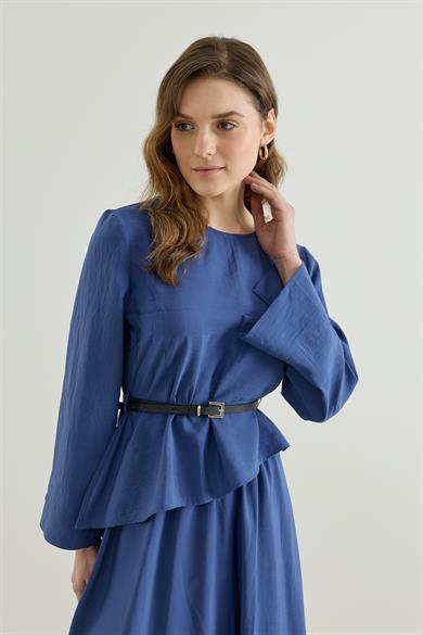 Asimetrik Bluzlu Kemerli Etek Takım İndigo