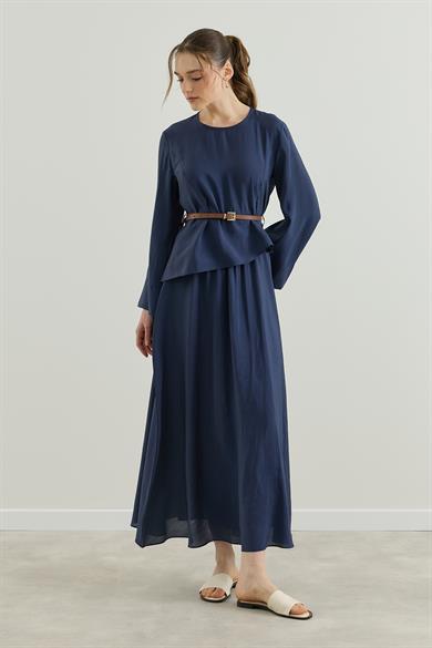 Asimetrik Bluzlu Kemerli Etek Takım Lacivert 