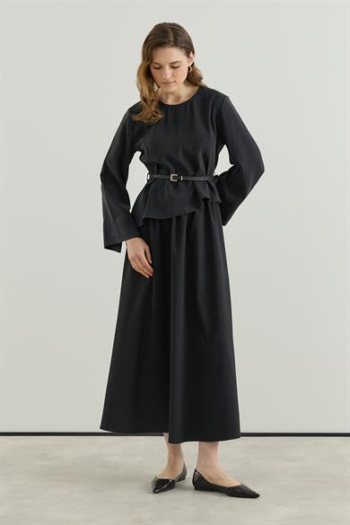 Asimetrik Bluzlu Kemerli Etek Takım Siyah 