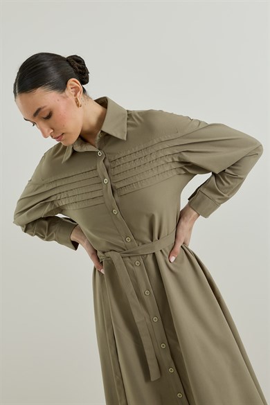 Nervür Detaylı Gömlek Elbise Haki