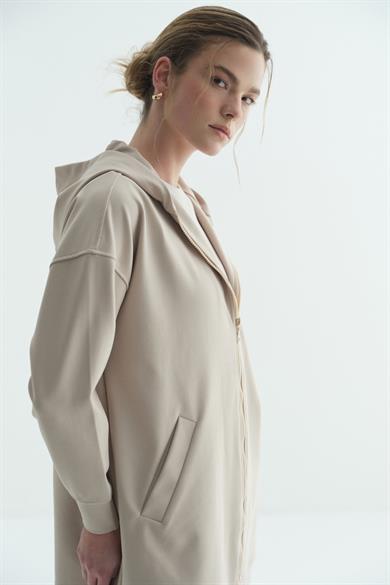 Kapüşonlu Fermuarlı Sweatshirt Taş