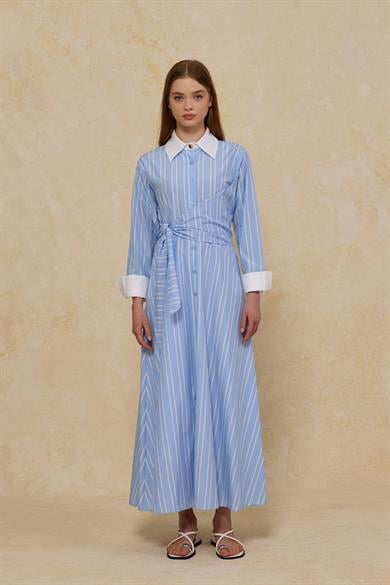 Çizgili Bağlama Detaylı Poplin Elbise