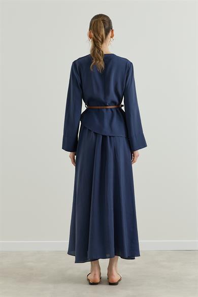 Asimetrik Bluzlu Kemerli Etek Takım Lacivert 
