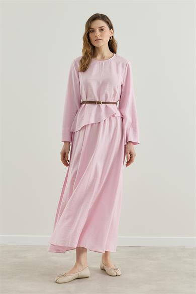 Asimetrik Bluzlu Kemerli Etek Takım Pembe