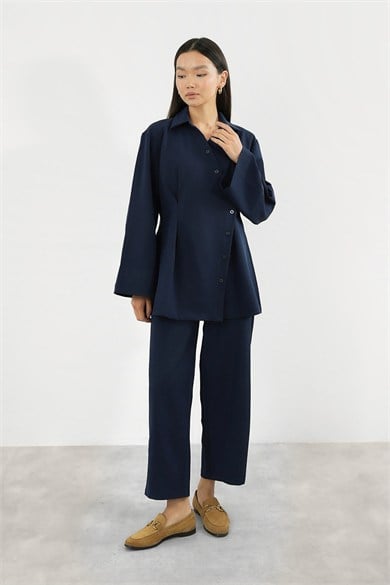Pileli Gömlek Barrel Fit Pantolon Takım