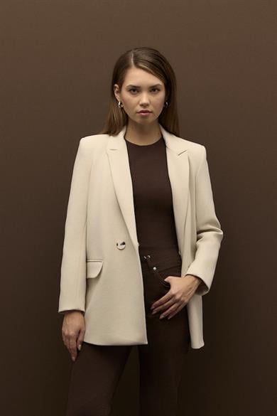 Premium Kruvaze Astarlı Blazer Ceket Taş