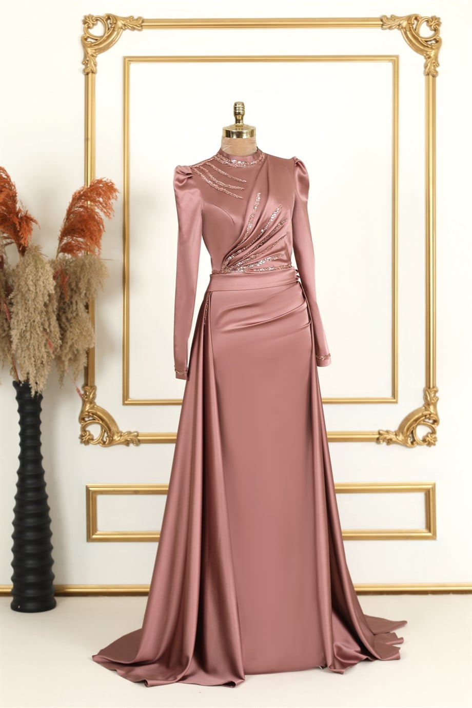 Kapaklı Satin Hijab Evening Dresses Rose Dried