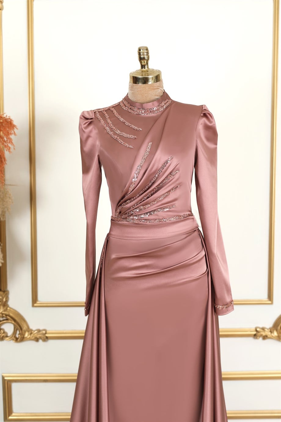 Kapaklı Satin Hijab Evening Dresses Rose Dried