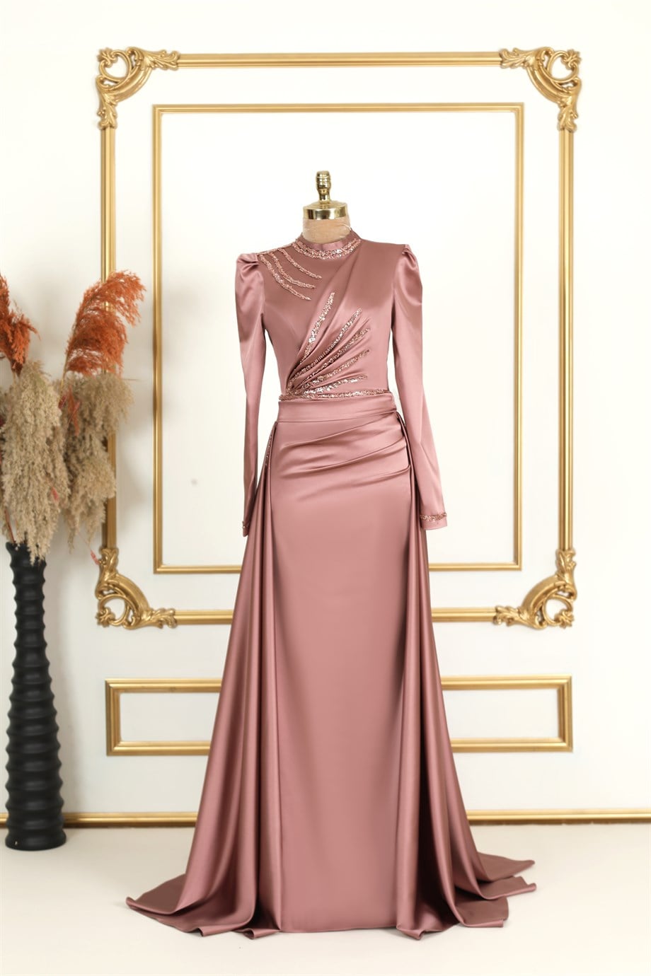 Kapaklı Satin Hijab Evening Dresses Rose Dried