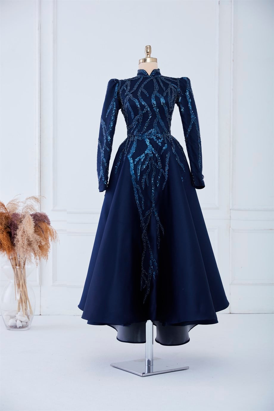 Prenses Midi Hijab Evening Dresses Navy Blue