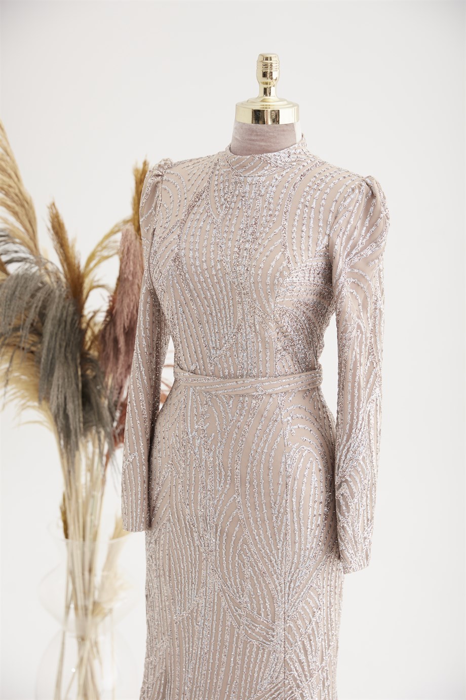 Simli Balık Hijab Evening Dresses Gold