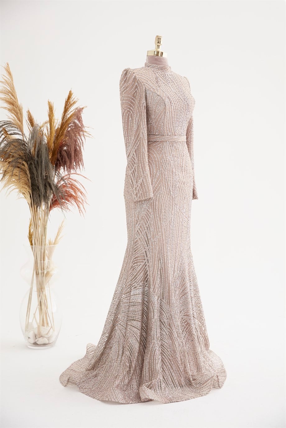 Simli Balık Hijab Evening Dresses Gold
