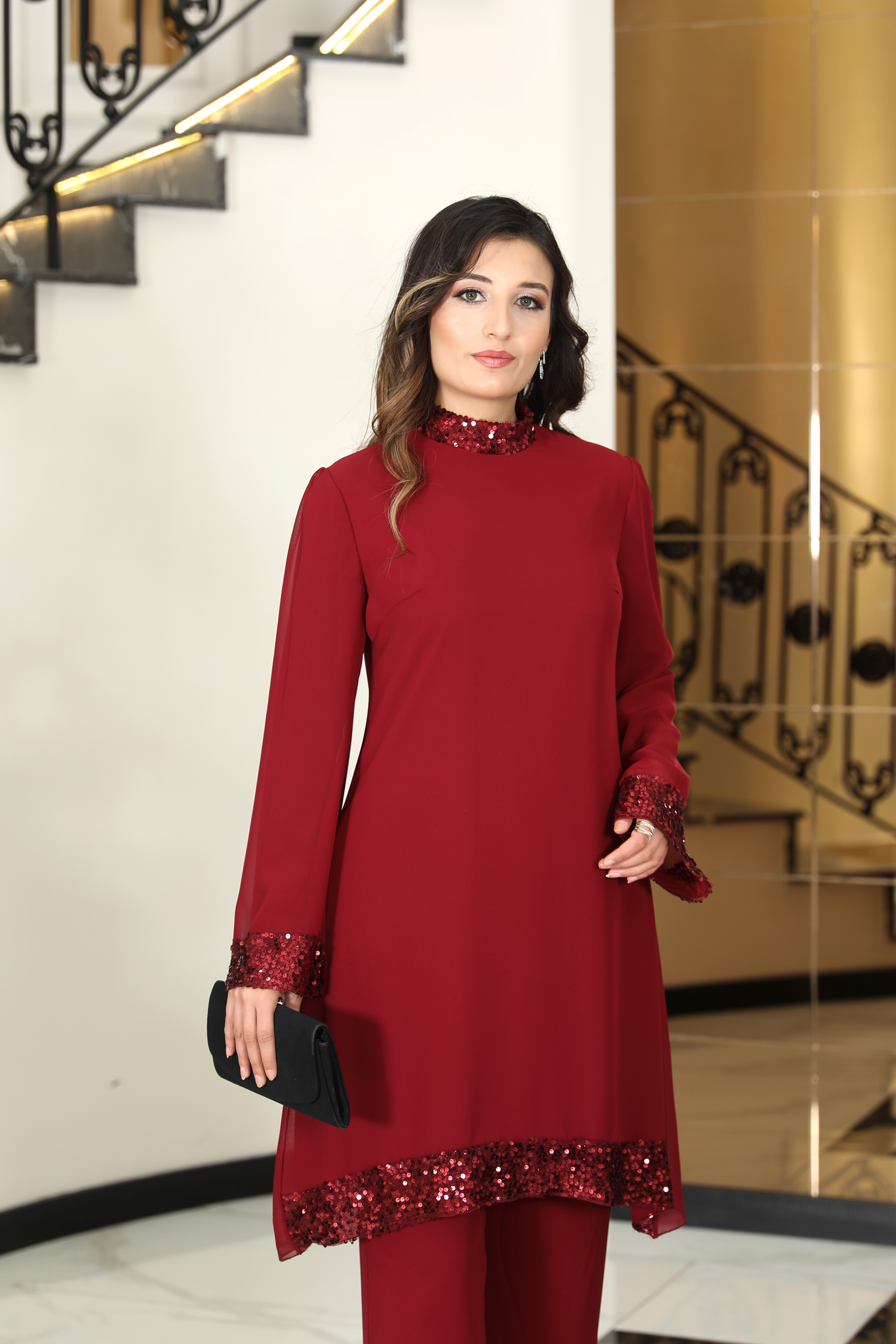 Umay Bordo Şifon Kumaş Pantolon İkili Takım