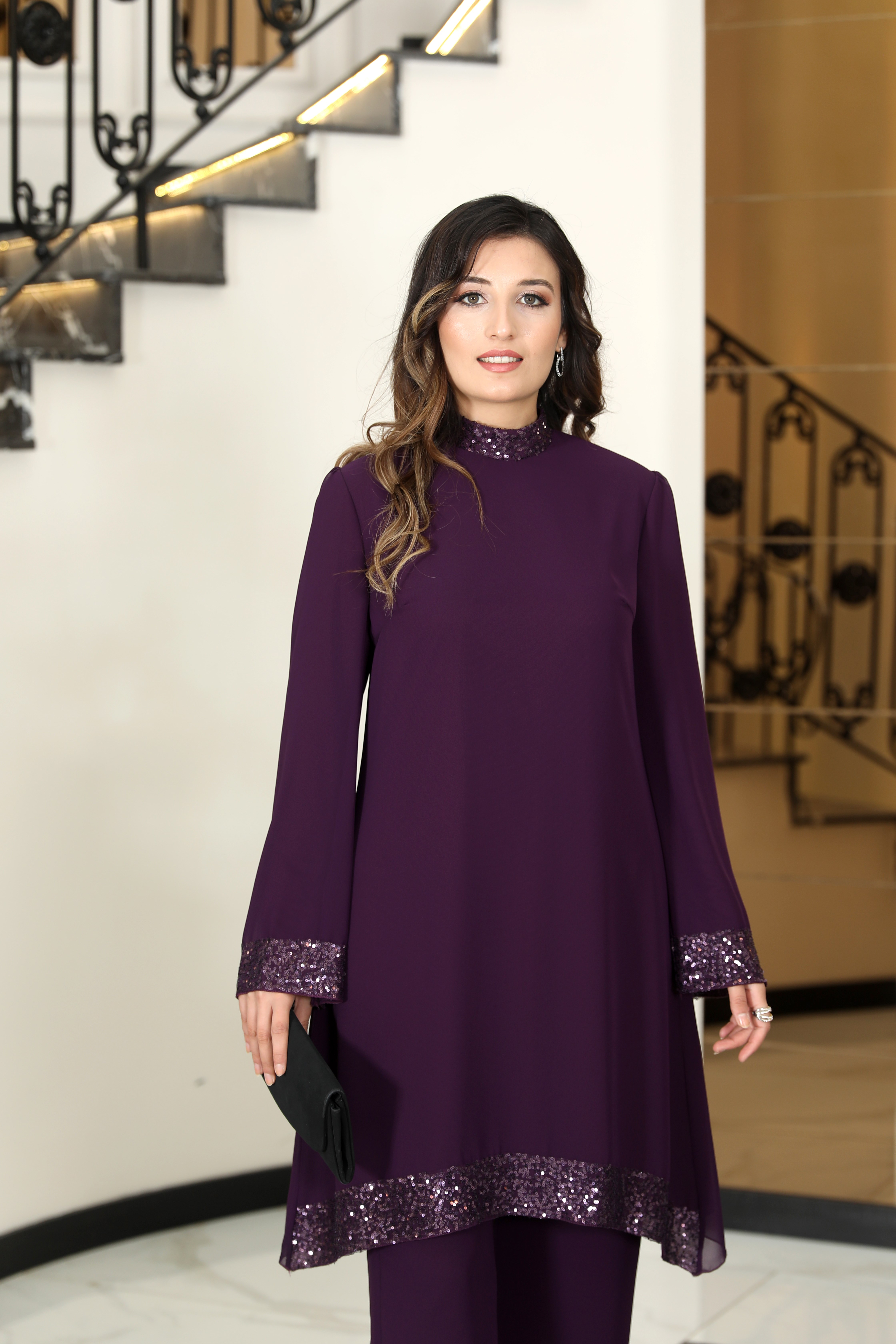 Umay  Mürdüm Şifon Kumaş Pantolon İkili Takım