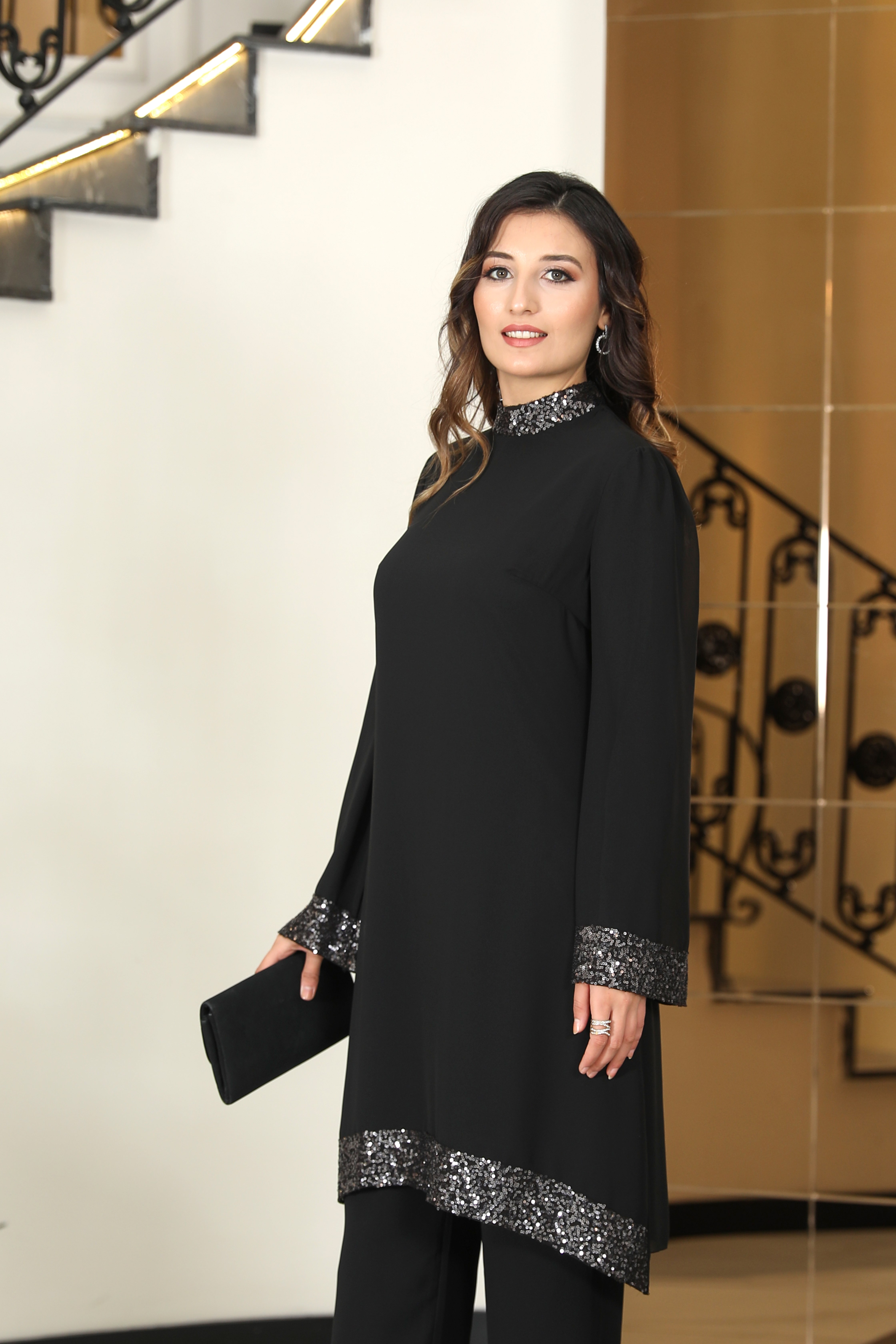 Umay Siyah Şifon Kumaş Pantolon İkili Takım