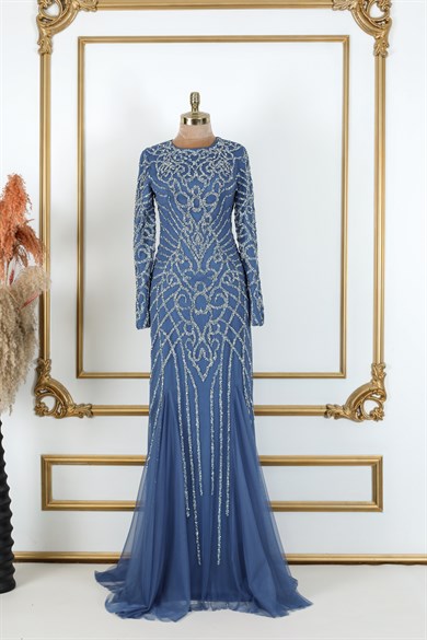 Ahu Tesettür Abiye İndigo