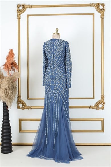 Ahu Tesettür Abiye İndigo