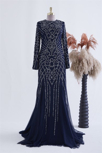 Ahu Tesettür Abiye Lacivert