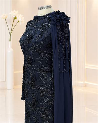 Ceylin Abiye Payetli Lacivert Tesettür Abiye