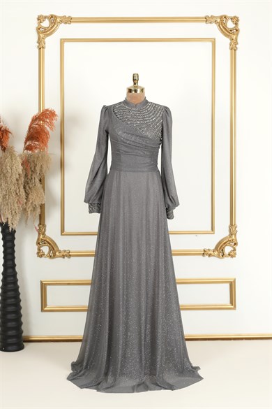 Degaje Simli Tesettür Abiye Antrasit