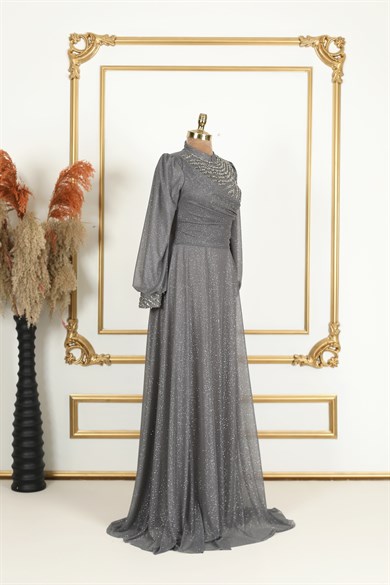 Degaje Simli Tesettür Abiye Antrasit