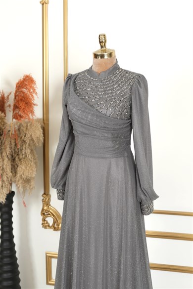 Degaje Simli Tesettür Abiye Antrasit