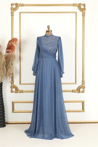 Degaje Simli Tesettür Abiye İndigo