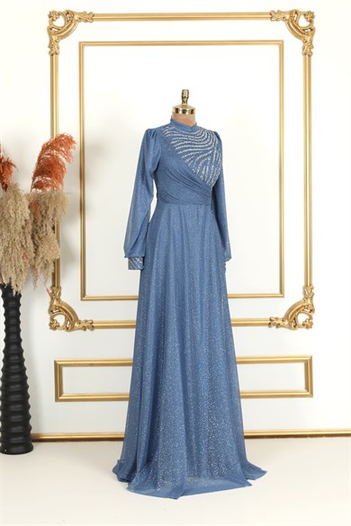 Degaje Simli Tesettür Abiye İndigo