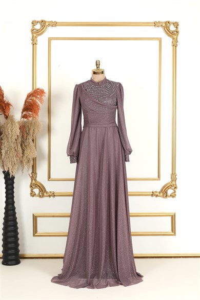 Degaje Simli Tesettür Abiye Lila