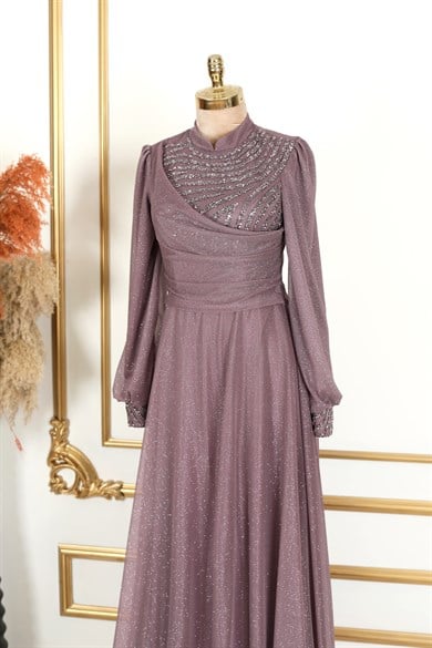 Degaje Simli Tesettür Abiye Lila