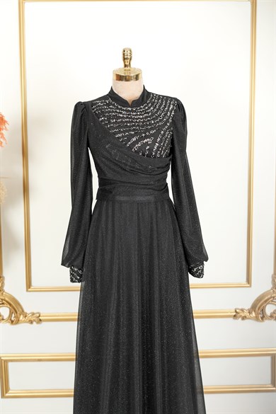 Degaje Simli Tesettür Abiye Siyah