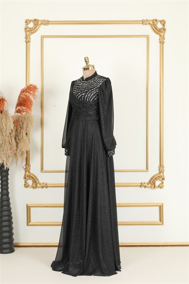 Degaje Simli Tesettür Abiye Siyah