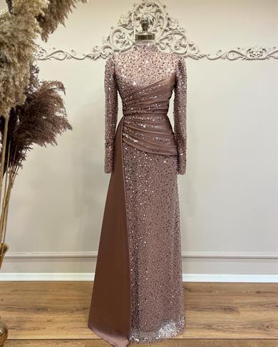 Drapeli Saten Tesettür Abiye Gül Kurusu