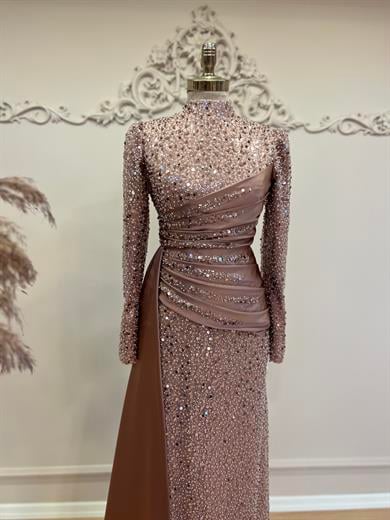 Drapeli Saten Tesettür Abiye Gül Kurusu