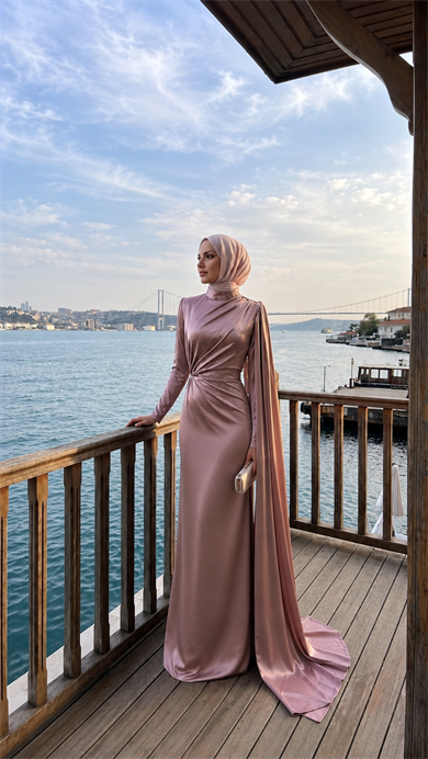 Drapeli Saten Tesettür Abiye Gül kurusu