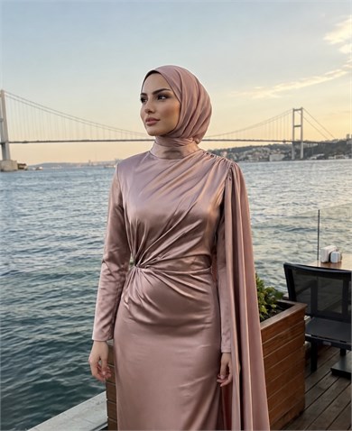 Drapeli Saten Tesettür Abiye Gül kurusu