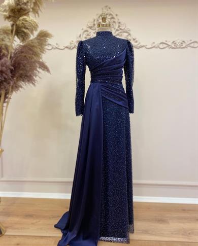 Drapeli Saten Tesettür Abiye Lacivert