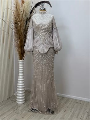 Elina Balon Kol Korseli Taşlı Balık Abiye Bej Tesettür Abiye